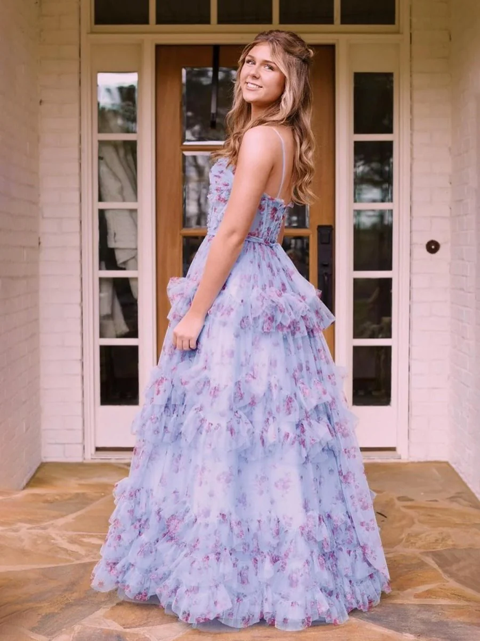 A-Line Blue Floral Corset Tulle Ruffles Long Prom Dresses