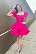 A-Line Square Neck Hot Pink Satin Short Homecoming Dresses
