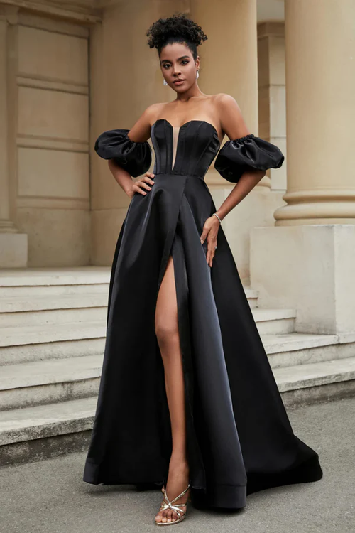 A-Line Strapless Half Lantern Sleeves High Side Slit Prom Dress
