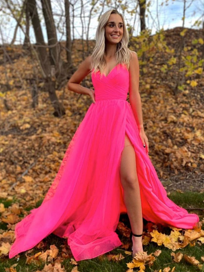 A Line V Neck Hot Pink Long Tulle Prom Dresses, Hot Pink Tulle Formal Evening Dresses