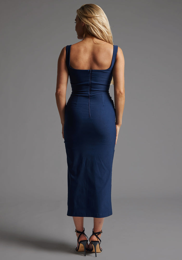 Back image of a model wearing the Vesper Abbie Square Neck Midaxi Dress in Navy  with a streamlined fit, structured straps, and refined occasionwear aesthetic.