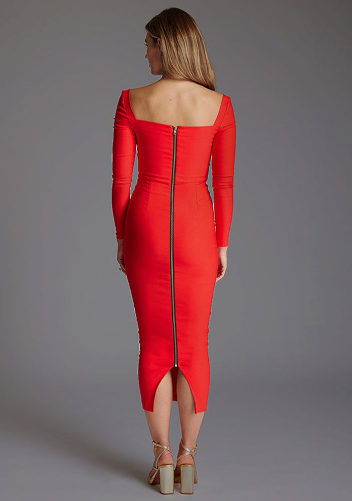 Back image of a model wearing the Vesper Amy Sweetheart Neckline Long Sleeve Midaxi Dress in Red, highlighting the elegant long sleeves, fitted shape, and polished zip detail.