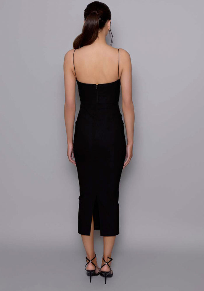Back view of the VSPR Angelina Strappy Cut Out Midaxi Dress in Black, with thin delicate straps, centre-back zip, and rear split hem, highlighting the sculpted fit and open-back design.