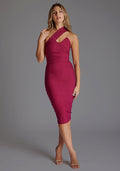 Front image of blonde model wearing a berry midi dress with a asymmetric design, one shoulder and a bodycon dress. The design features is the Vesper Ariel Berry Midi Dress