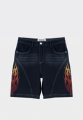 Ashluxe Flame Denim Short in black with red and orange flame embroidery on both sides.