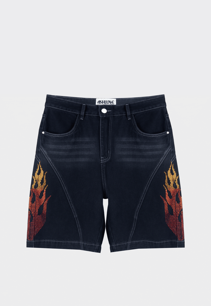 Ashluxe Flame Denim Short in black with red and orange flame embroidery on both sides.