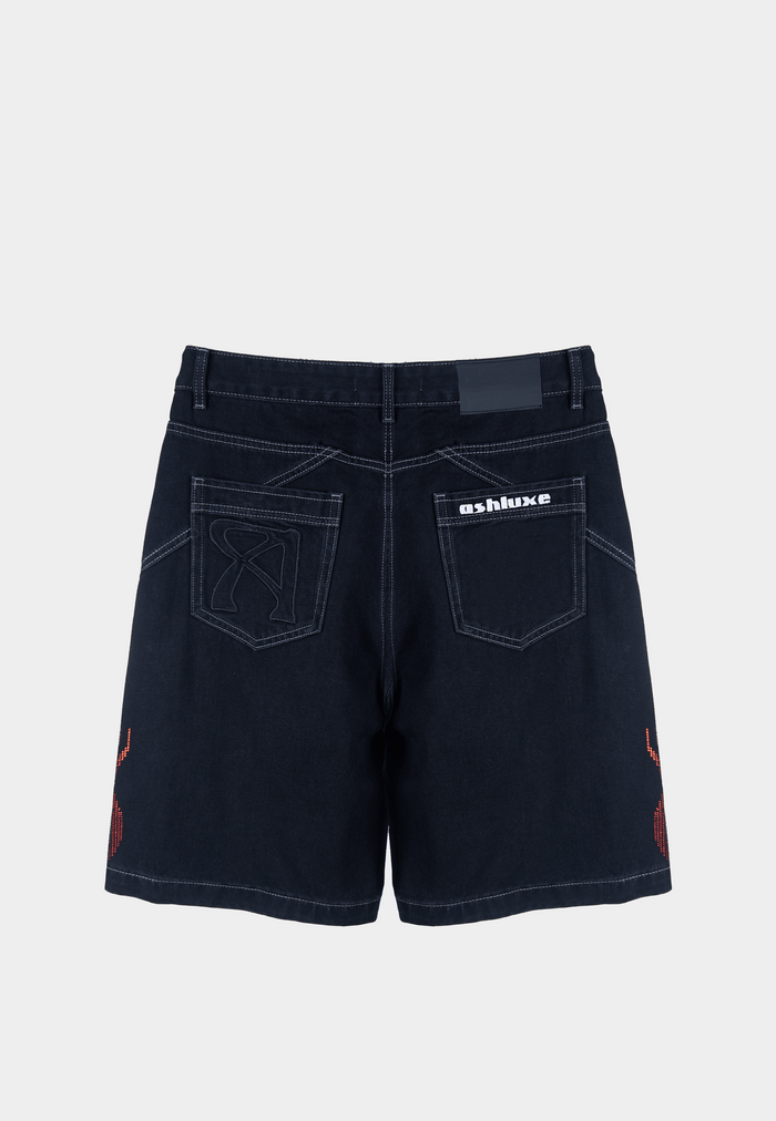 Ashluxe Flame Denim Short in black with red and orange flame embroidery on both sides - back view.