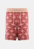 Ashluxe Monogram Knitted Shorts in pink and cream with drawstring waist and geometric knit pattern.