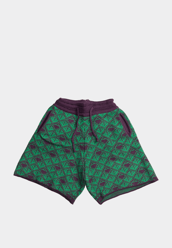 Ashluxe Monogram Knitted Shorts in Purple and Green with drawstring waist and geometric knit pattern.