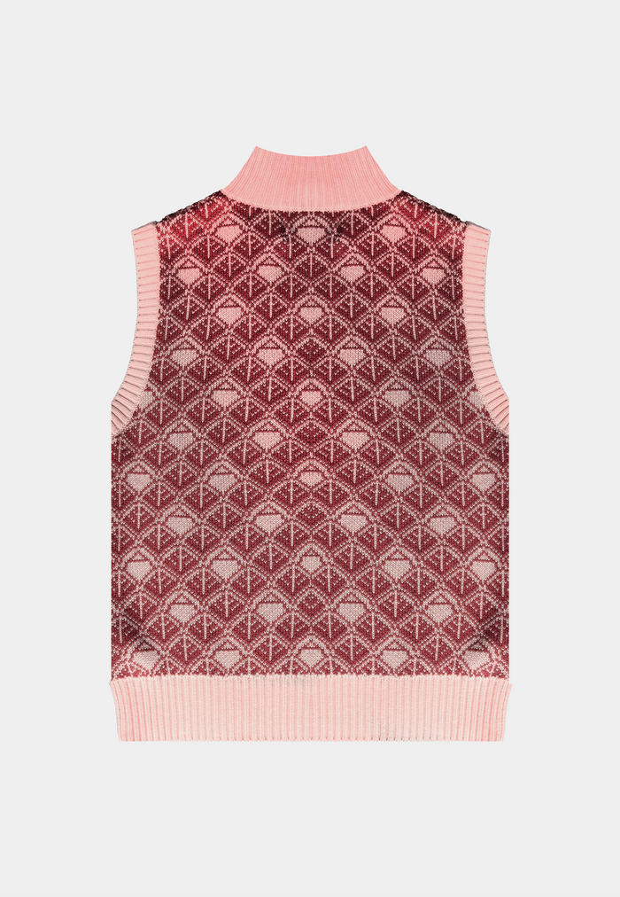 Ashluxe Zip Monogram Knitted Vest in pink and cream with half-zip neckline and geometric monogram pattern.