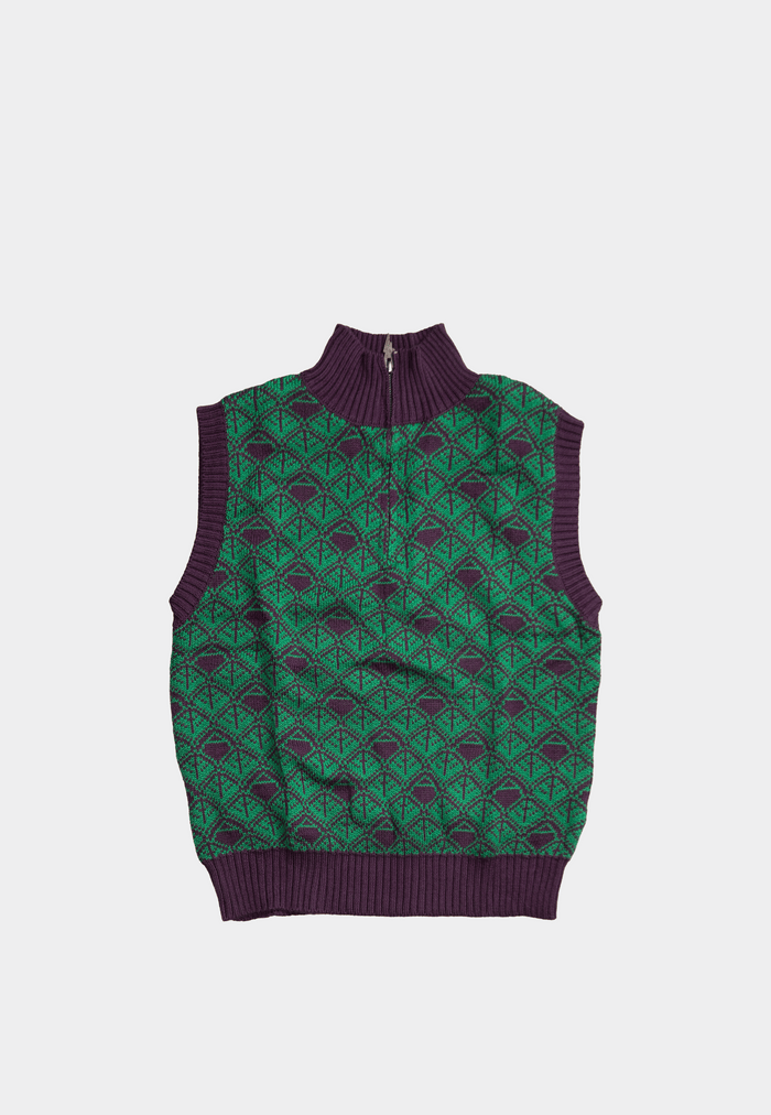 Ashluxe Zip Monogram Knitted Vest in Purple and Green with half-zip neckline and geometric monogram pattern.
