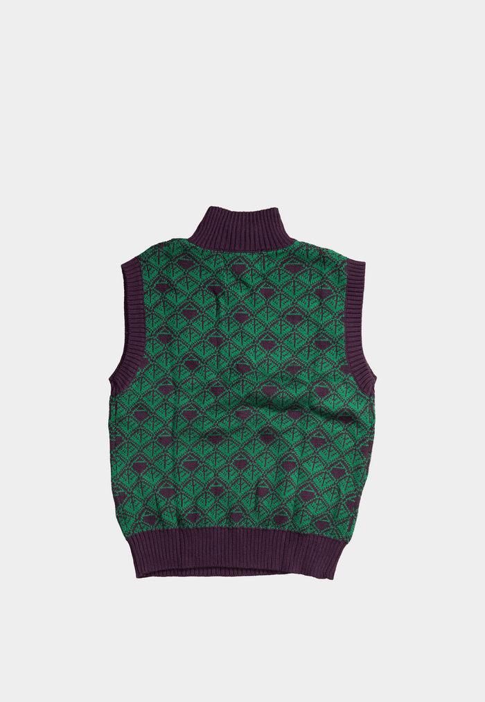 Ashluxe Zip Monogram Knitted Vest in Purple and Green with half-zip neckline and geometric monogram pattern.
