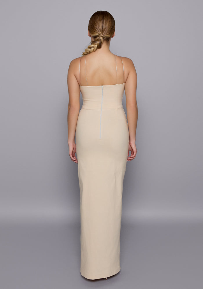 Back view of the VSPR Auralia Maxi Dress in Stone featuring clean zip closure, open-back cut framed by double-thin straps, and flattering contoured fit.