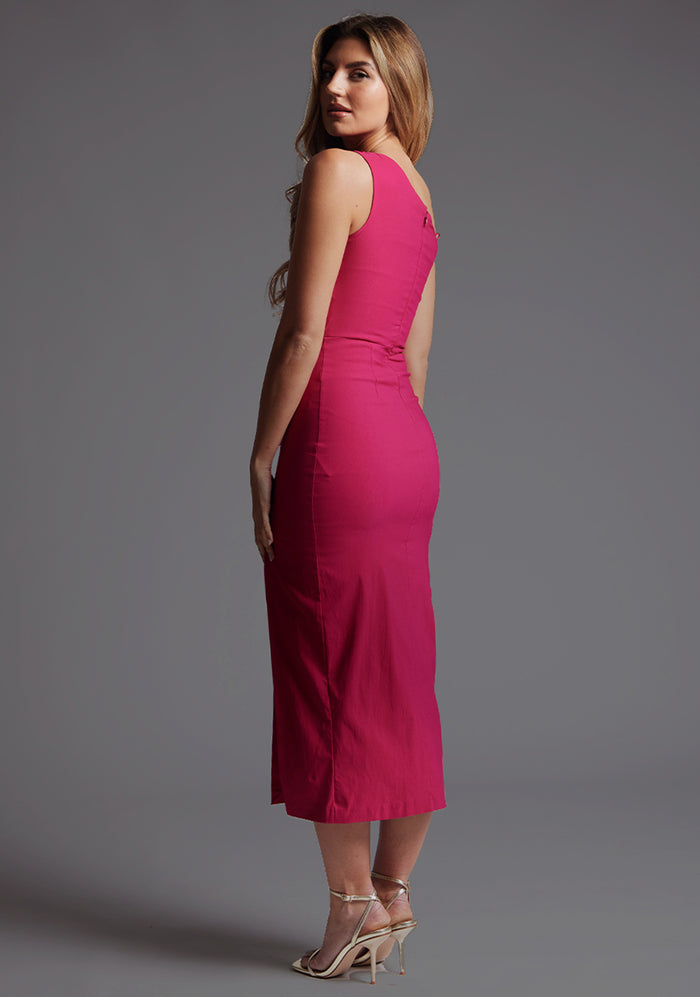 Side back image of a model wearing the Vesper Ava One Shoulder Midaxi Dress in Cerise, showcasing the seamless finish and flattering stretch fabric.