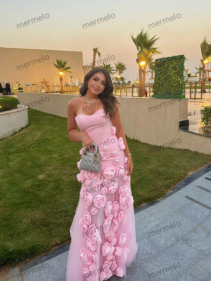 Baby Pink 3D Flowers Prom Dresses Strapless Slit Women Evening Gowns