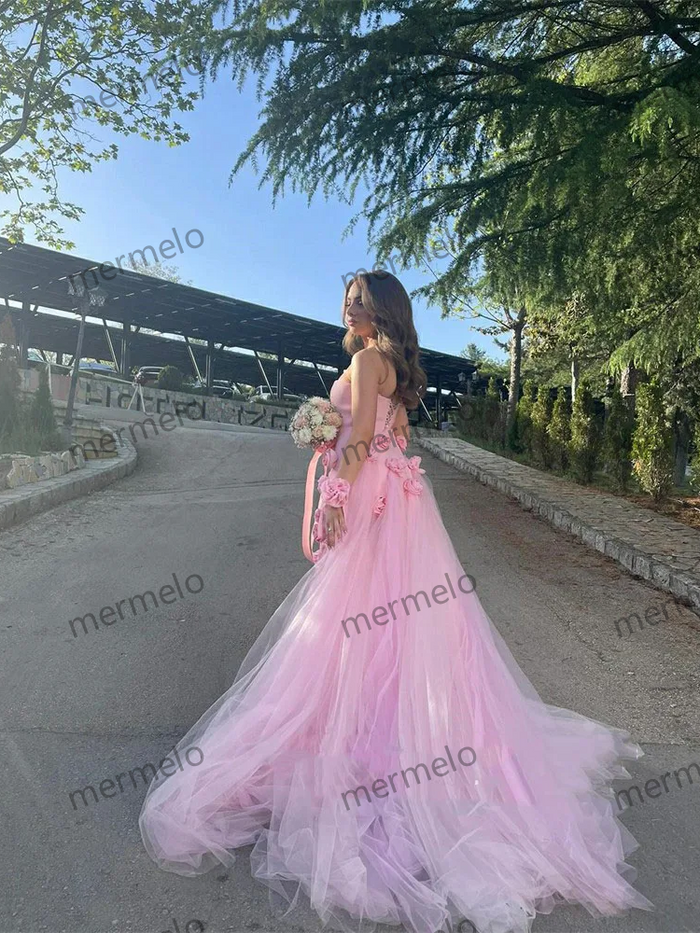 Baby Pink 3D Flowers Prom Dresses Strapless Slit Women Evening Gowns