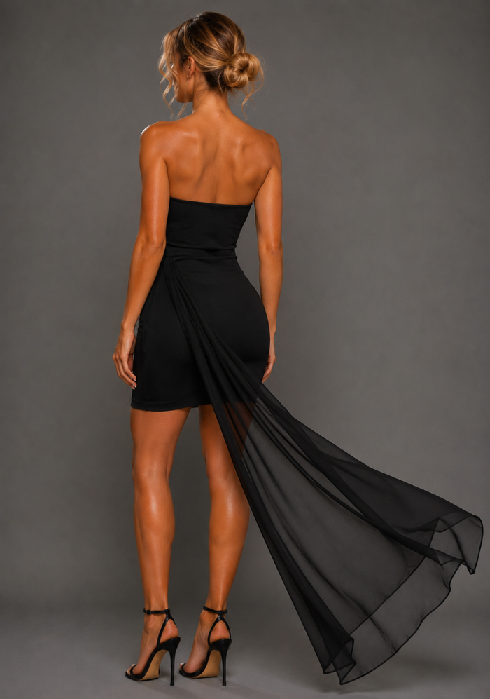 Side back image of a model wearing the VSPR Belisse Strapless Black Mini Dress in Black, showcasing the sleek fitted shape and flowing drape detail from the side against a grey studio backdrop.