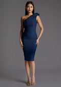 Front image of a model wearing the Vesper Beverly One Shoulder Frill Midi Dress in Navy with an asymmetric neckline, ruffled sweep, and body-skimming midi silhouette, standing against a grey studio backdrop.