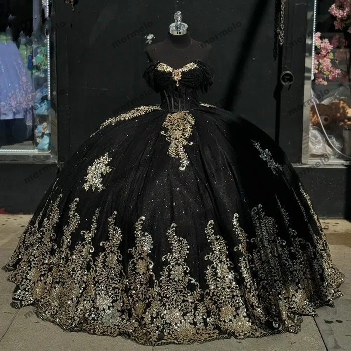 Black Gold Sequined Appliques Prom Party Dress