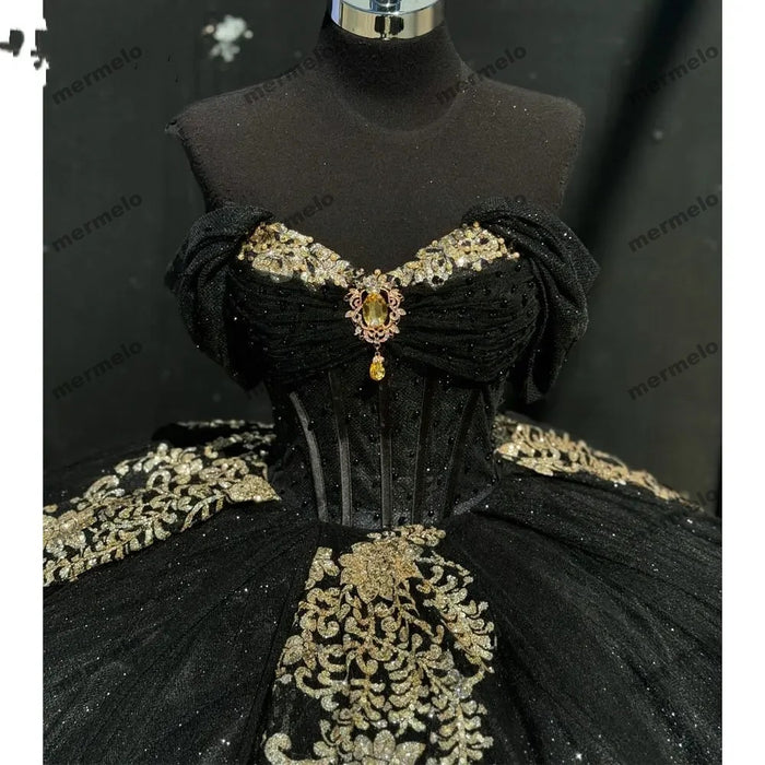 Black Gold Sequined Appliques Prom Party Dress