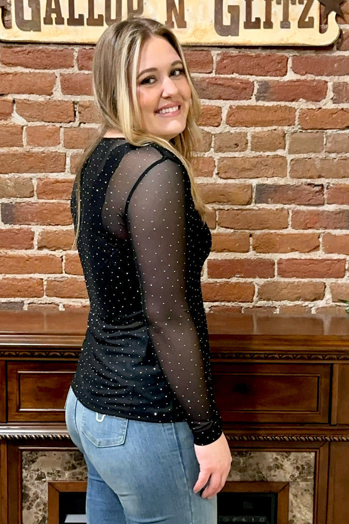 Black Rhinestone Long Sleeve Mesh Top-Mesh Top-Origami-Gallop 'n Glitz- Women's Western Wear Boutique, Located in Grants Pass, Oregon