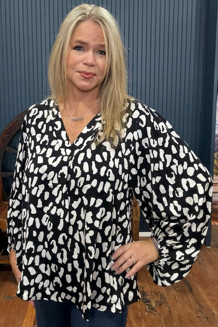 Black and White Animal Print Blouse-Top-ee:some-Gallop 'n Glitz- Women's Western Wear Boutique, Located in Grants Pass, Oregon
