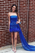 Bodycon Strapless Royal Blue Sequins Short Homecoming Dresses with Feather