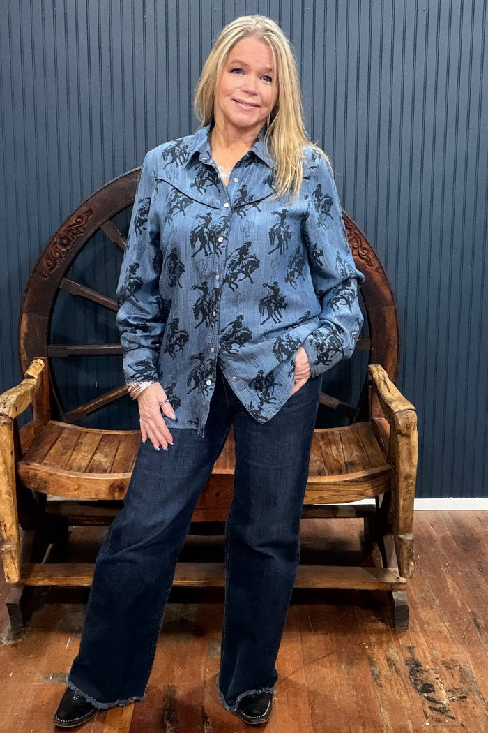 Bronco Ridin' Cowgirl Denim Top-Top-Cotton & Rye-Gallop 'n Glitz- Women's Western Wear Boutique, Located in Grants Pass, Oregon