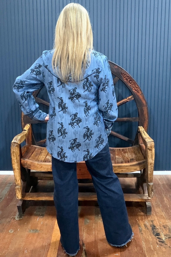 Bronco Ridin' Cowgirl Denim Top-Top-Cotton & Rye-Gallop 'n Glitz- Women's Western Wear Boutique, Located in Grants Pass, Oregon