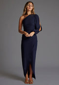 Front image of a model wearing the Vesper Brooklyn One Shoulder Drape Sleeve Maxi Dress in Navy with an asymmetric neckline wrap-around detail, and sleek slim-fit silhouette, standing against a grey studio backdrop.