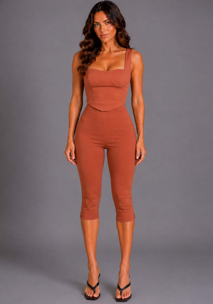 Front image of a model wearing the VSPR Capri Cropped Rust Pants featuring a flattering fitted shape, cropped length, and warm rust hue against a grey background.