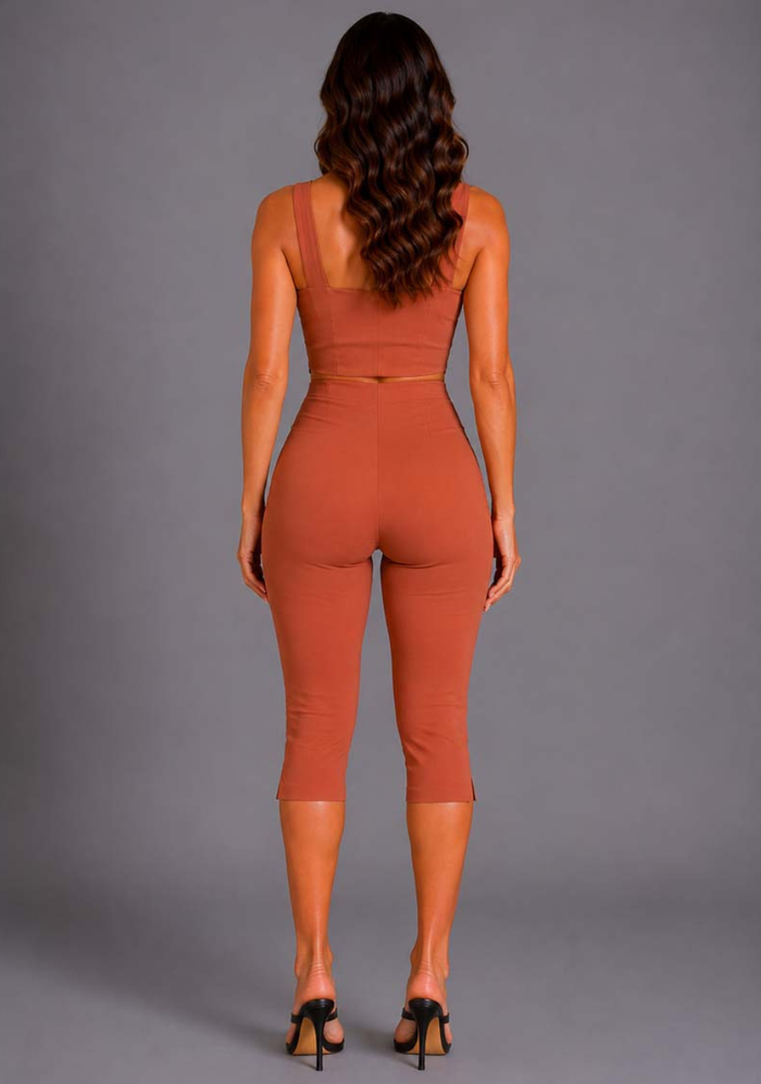 Back image of a model wearing the VSPR Capri Cropped Rust Pants with a high-rise fit, streamlined rear silhouette, and cropped length against a grey studio backdrop.