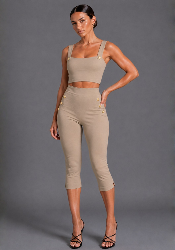A woman modeling a matching beige two-piece set consisting of a cropped tank top and high-waisted capri pants with decorative gold-tone buttons, posed against a solid gray studio background.