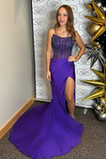 Charming Mermaid Strapless Purple Pleat Satin Slit Prom Dress with Beading