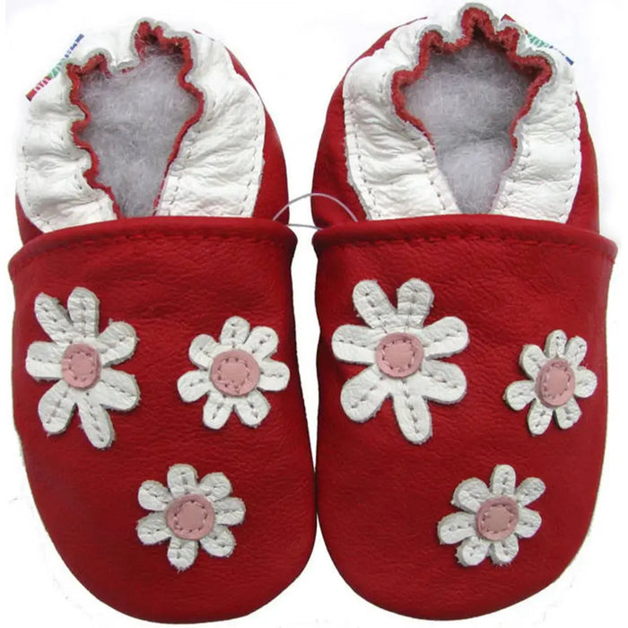 Chaussons cuir souple 3 fleurs fond bordeaux