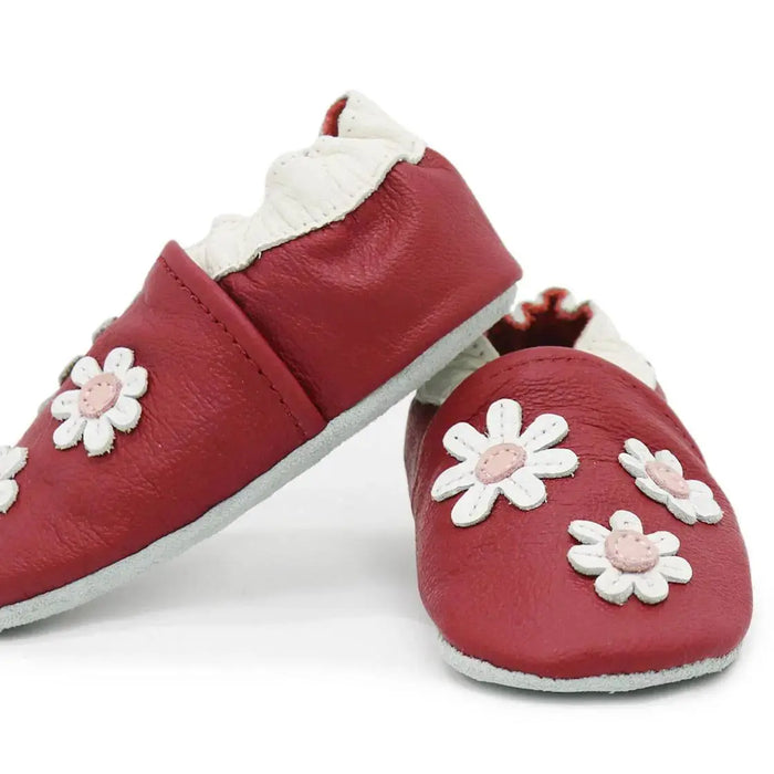 Chaussons cuir souple Carozoo - 3 fleurs fond bordeaux - Lilinappy