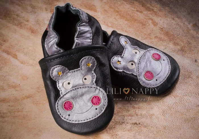 Chaussons cuir souple hippo argent/rose Carozoo