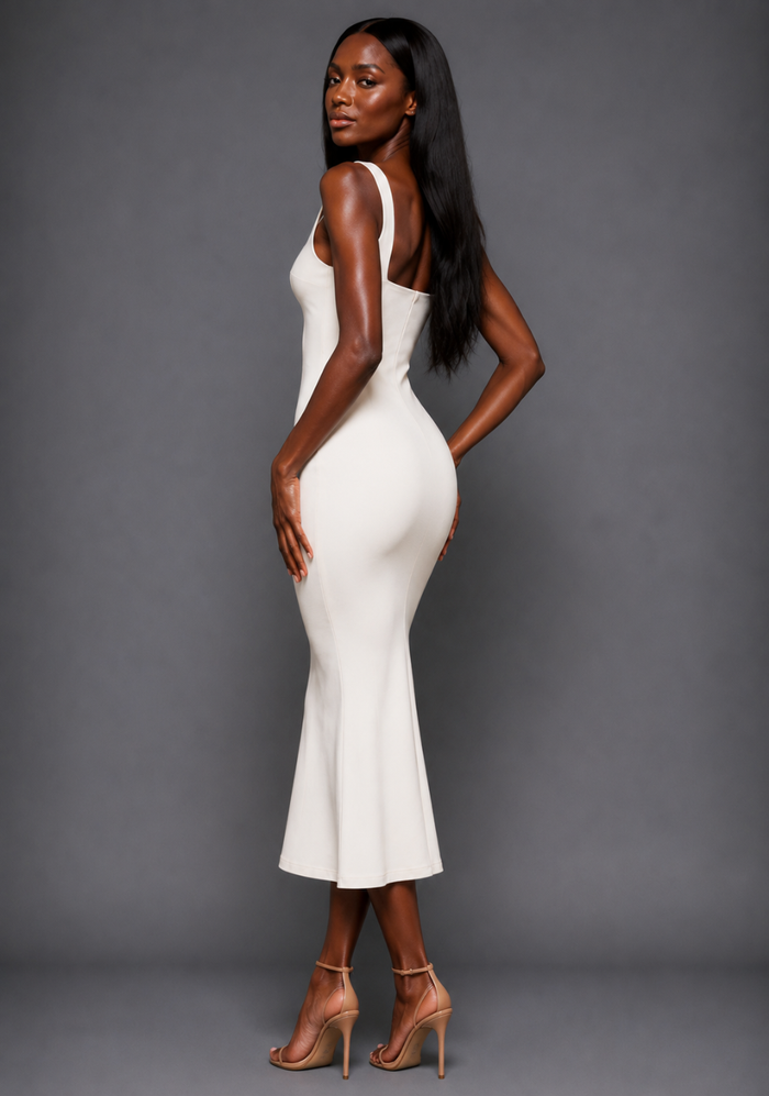 Side back image of a model wearing the VSPR Marianna Square Neckline Fishtail Midaxi Dress in Ivory, highlighting the sculpted fit and softly flared mermaid hem against a grey studio backdrop.
