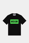 MSGM cotton T-shirt with box logo in black and green, designer clothing boutique piece.