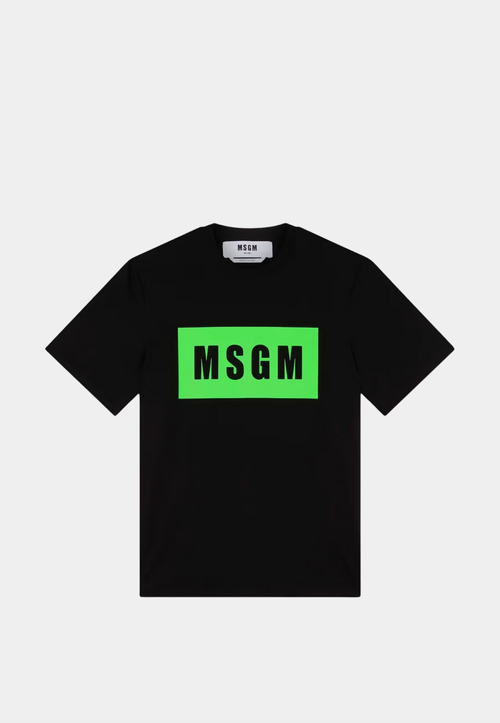 MSGM cotton T-shirt with box logo in black and green, designer clothing boutique piece.